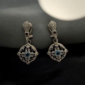 Vintage Judith Ripka Sterling Silver Blue Topaz and Onyx Drop Earrings